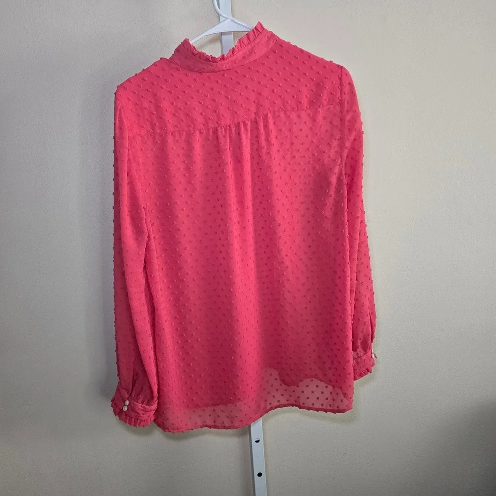 J. Crew Pink Swiss Dot Mock Neck Blouse Long Sleeve Button‎ Top Women's Size 6